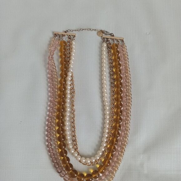 Marley Lilly Gold & Pink Multicolored Faux Pearl Glass Beaded Statement Necklace - Picture 3 of 10